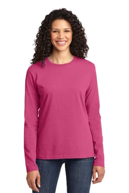 A long sleeve tee in bright pink, featuring a round neckline and a logo. Suitable for casual wear.