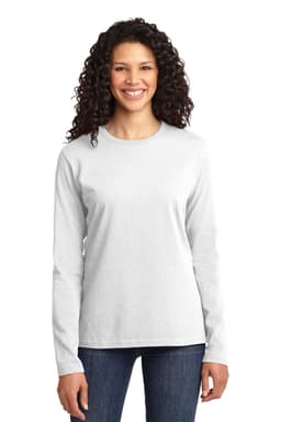 A long sleeve ladies' tee in light grey, featuring a simple design and a logo on the front.