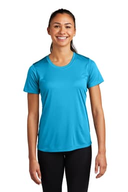 A turquoise short-sleeve women's athletic t-shirt with a logo. The shirt has a smooth, lightweight fabric.