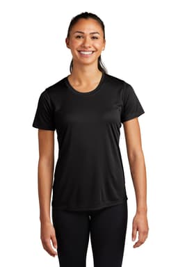 A black women's athletic t-shirt with a smooth finish, featuring a crew neckline and short sleeves.