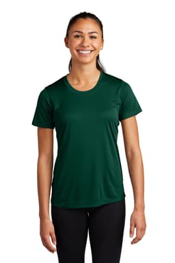 A green Sport-Tek Ladies PosiCharge Competitor Tee features a classic fit with a smooth, moisture-wicking fabric.