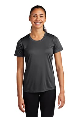 A woman wearing a dark grey athletic t-shirt with a crew neck and short sleeves. The shirt has a logo.