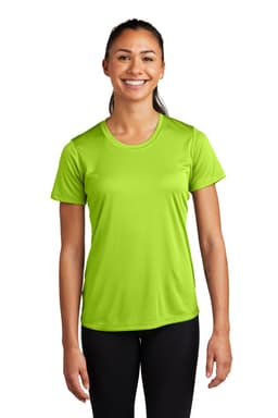 A vibrant green ladies' t-shirt, featuring a fitted design and short sleeves, with a logo on the front.