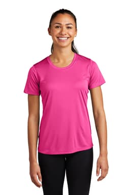 A pink women's t-shirt with a smooth texture and a crew neck, featuring a logo on the front.