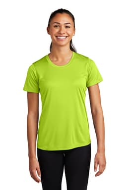 A bright green Ladies PosiCharge Competitor Tee, featuring a simple design and a logo, worn by a smiling model.