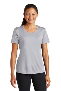 A lightweight, grey ladies’ t-shirt with a round neck and short sleeves. It features a logo on the chest.