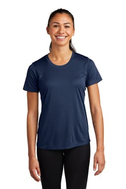 A navy blue ladies' t-shirt featuring a round neckline and short sleeves, designed for athletic wear.