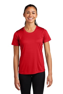 A woman wearing a red Sport-Tek Ladies PosiCharge Competitor Tee, featuring a logo on the chest.