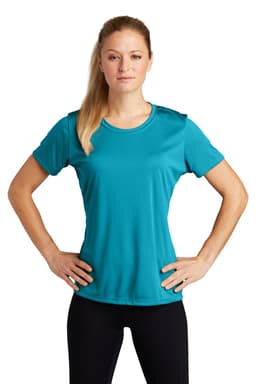 A teal Sport-Tek Ladies PosiCharge Competitor Tee, short-sleeved, with a logo, displayed on a model.