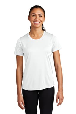 A white t-shirt designed for women, featuring a logo, with a relaxed fit and short sleeves.