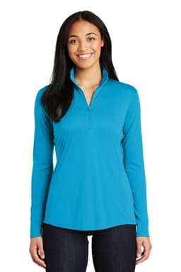 A women's long-sleeve pullover in bright blue, featuring a quarter zip and a logo on the chest.
