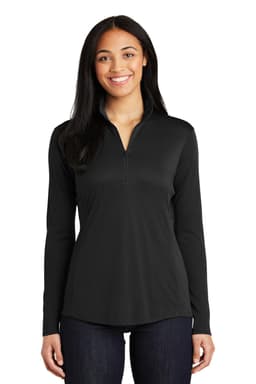A black Sport-Tek Ladies PosiCharge Competitor 1/4-Zip Pullover featuring a zippered collar and long sleeves.