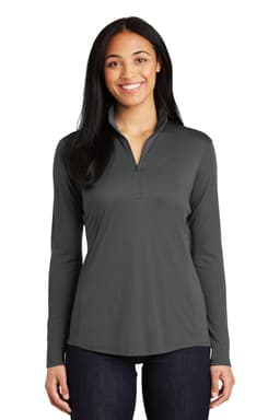 A dark grey long-sleeve 1/4-zip pullover with a logo, designed for women.