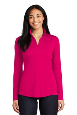 A vibrant fuchsia quarter-zip pullover for women featuring long sleeves and a subtle logo.