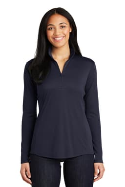 A navy blue ladies' pullover with a 1/4 zip and long sleeves, featuring a logo on the front.