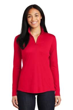 A red women's pullover with a 1/4 zip, featuring long sleeves and a logo on the chest.