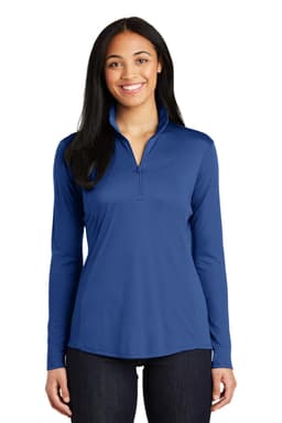 A blue long-sleeve women's pullover with a quarter zip and a logo on the chest.