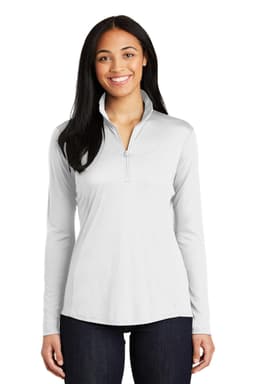 A light grey, long-sleeve pullover with a 1/4 zip and a logo on the front.