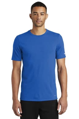 A blue Nike Dri-FIT T-shirt featuring short sleeves and a logo on the sleeve. It has a sleek, athletic design.