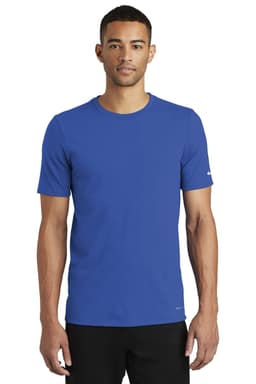 A blue Nike Dri-FIT Cotton/Poly T-shirt with a short sleeve design and a logo on the sleeve.