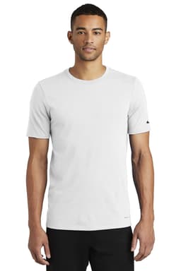 A light grey Nike Dri-FIT cotton/poly t-shirt with a logo on the sleeve, displayed on a male model.