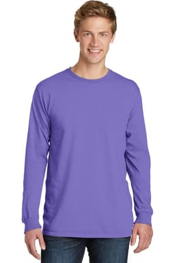 A long sleeve tee in vibrant purple, featuring a logo, worn by a model against a neutral background.