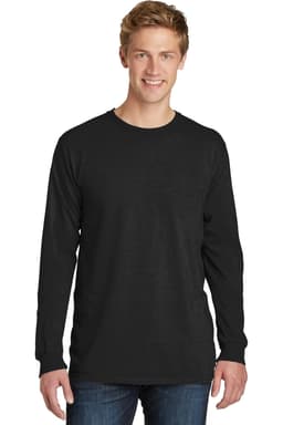 A model wearing a black long sleeve tee, featuring a comfortable fit and a logo on the chest.