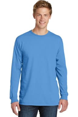 A long sleeve tee in bright blue, featuring a round neckline and a logo on the front.