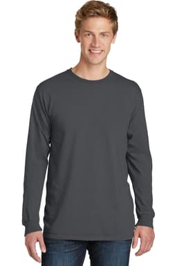 A long sleeve tee in dark grey, worn by a young man, featuring a casual fit and a logo.