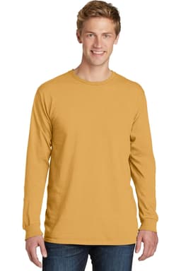 A long sleeve tee in a mustard yellow colour, featuring a round neck and a logo on the front.