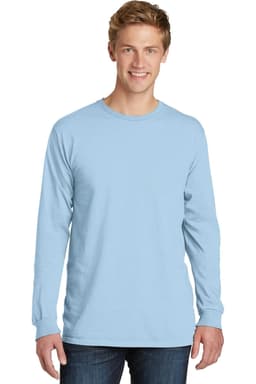 A long sleeve tee in light blue, featuring a relaxed fit and a logo on the front.
