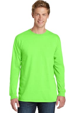 A bright green long sleeve T-shirt worn by a model, featuring a simple design and a logo on the chest.