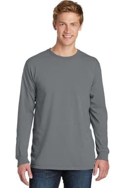 A grey long sleeve t-shirt featuring a logo, displayed on a smiling male model against a plain background.