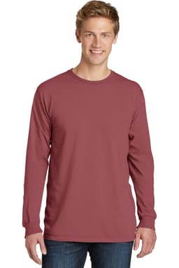 A long sleeve tee in a burgundy shade, featuring a crew neckline and a logo on the front.