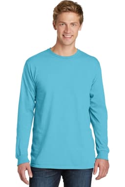 A long sleeve tee in vibrant turquoise, featuring a logo, worn by a model against a neutral background.
