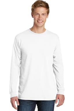 A long sleeve white tee is worn by a smiling man. The shirt features a logo on the chest.