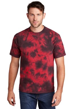 A man wearing a red and black tie-dye T-shirt featuring a round neck and short sleeves. A logo is present.