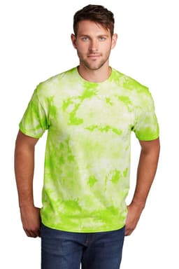 A man wearing a bright green and white tie-dye t-shirt with a logo on it, standing against a plain background.
