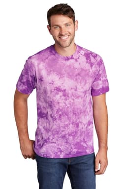 A purple tie-dye T-shirt featuring a casual design. The model stands smiling, wearing the shirt with denim jeans.