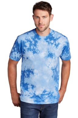A blue tie-dye t-shirt featuring a cloudy pattern, modelled by a man. The shirt has a logo on it.