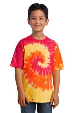 A youth tie-dye tee featuring vibrant pink, orange, and yellow spiral patterns, with a logo on the front.