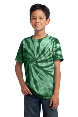 A youth tie-dye T-shirt in various shades of green, featuring a spiral design, worn by a smiling boy.