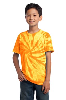 A youth tie-dye T-shirt in vibrant orange tones, displayed on a smiling child, featuring a logo.