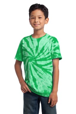 A youth tie-dye tee in vibrant green with a spiral pattern, featuring a logo. Perfect for casual wear.