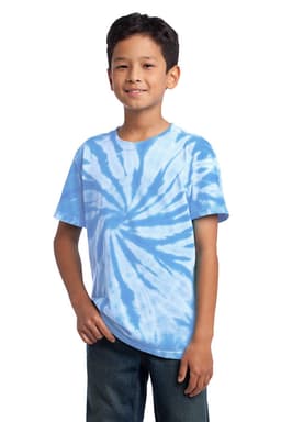 A youth tie-dye t-shirt in blue shades with a spiral pattern, featuring a logo. Suitable for casual wear.