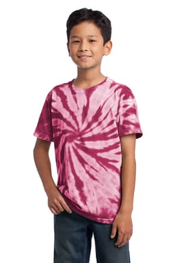 A youth tie-dye tee in shades of pink, featuring a spiral pattern and a logo on the front.