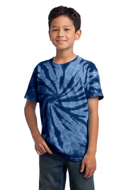 A youth tie-dye tee in navy blue with a spiral pattern, featuring short sleeves and a round neck.