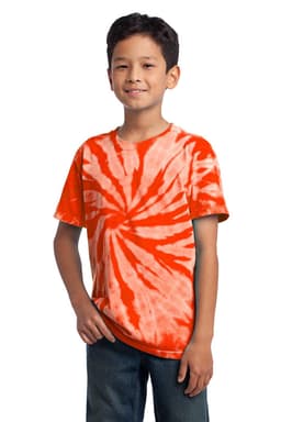 A youth tie-dye tee in orange and white featuring a spiral pattern, worn by a smiling child.