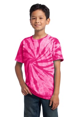A youth tie-dye tee in vibrant pink hues, featuring a spiral design. The shirt has a logo on it.