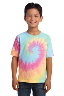 A youth tie-dye tee featuring spiral patterns in blue, pink, orange, and yellow colours. The shirt has a logo.